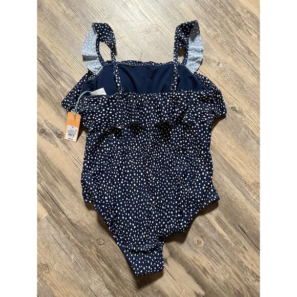 Kona Sol Swimsuit One Piece Ruffle One Shoulder Blue Navy Polka Dot Size 16 - Picture 2 of 4